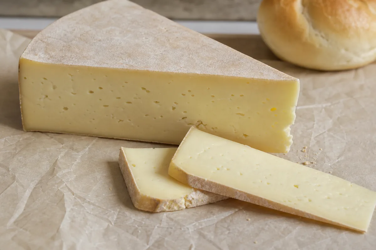 Pale Bianco cheese wedge with two supple slices on parchment - Bergader Bianco | KnowTheCheese
