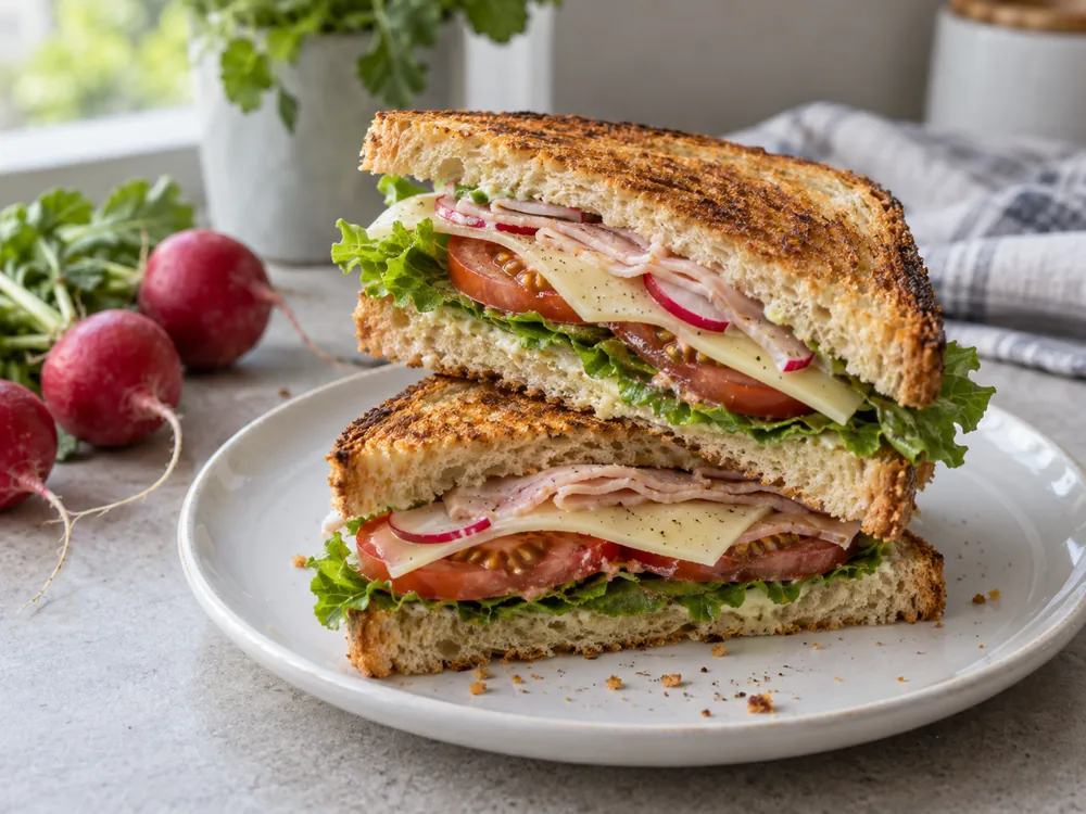 Toasted sandwich with cheese slices, radish, tomato, lettuce and smoked ham - Bergader Bianco | KnowTheCheese