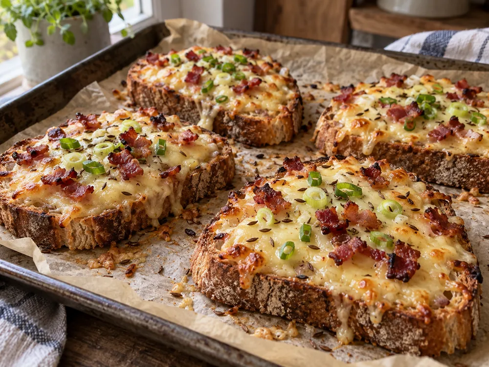 Baked bread slices topped with melted cheese, bacon, and spring onion - Bergader Bianco | KnowTheCheese
