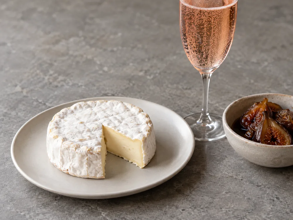 Small white-rind cheese with a cut wedge beside sparkling rose and stewed figs - Bix | KnowTheCheese
