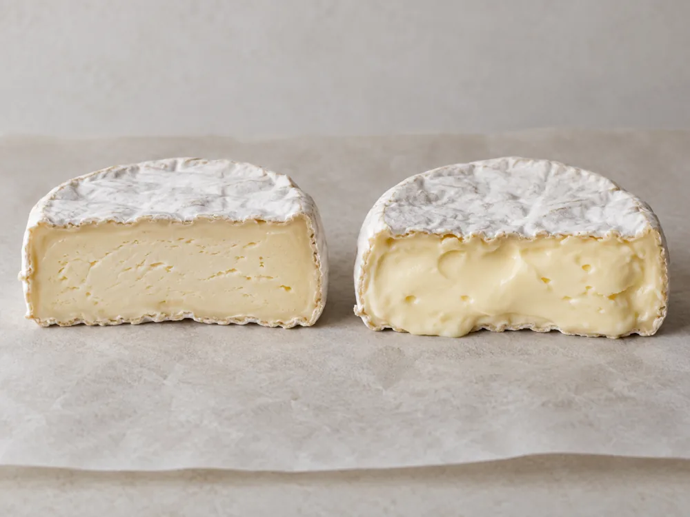 Two halved white-rind cheeses, a firmer young one and a softer ripe one - Bix | KnowTheCheese