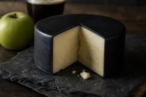 Black-waxed Cheddar truckle with a creamy ivory cut face - Black Bomber Cheddar | KnowTheCheese