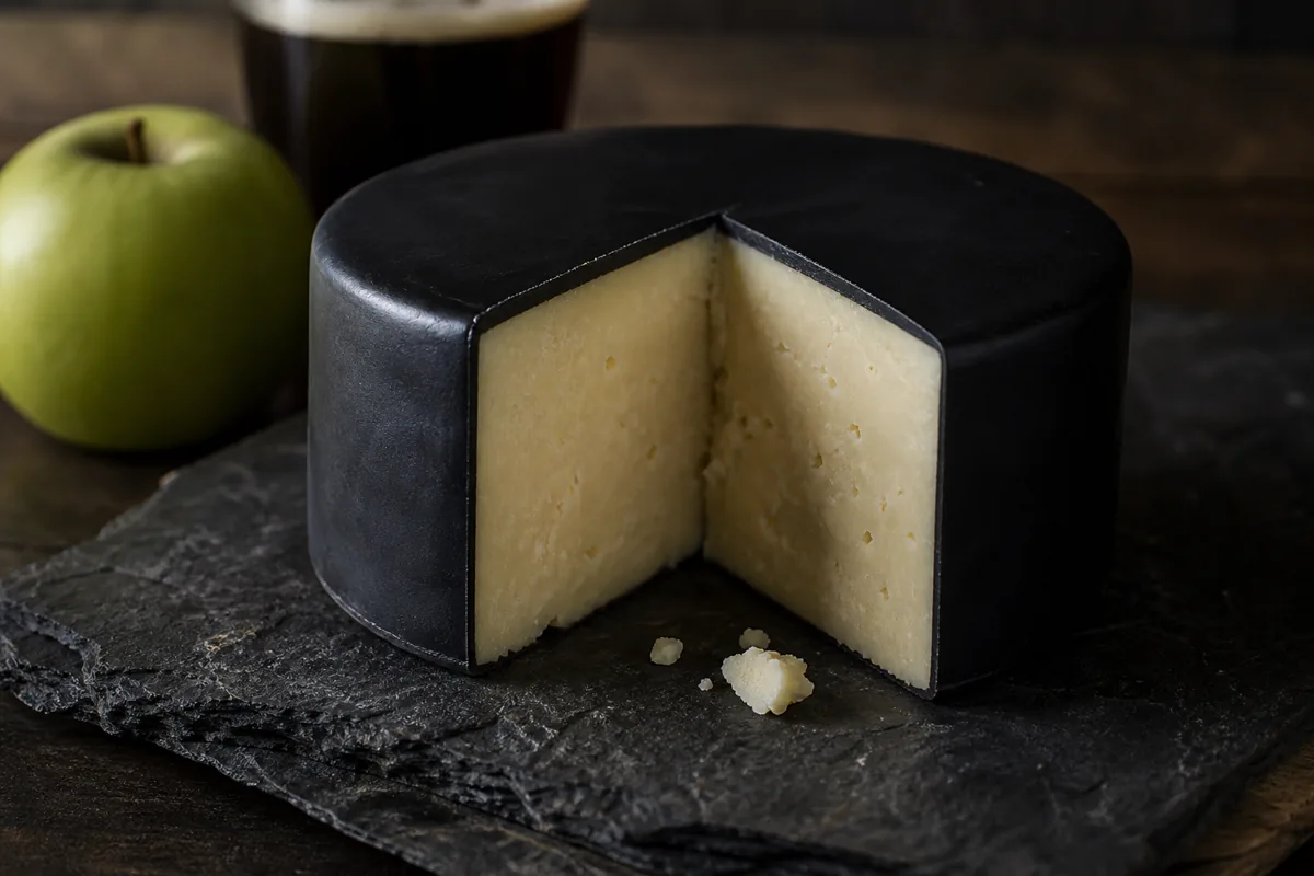 Black-waxed Cheddar truckle with a creamy ivory cut face - Black Bomber Cheddar | KnowTheCheese