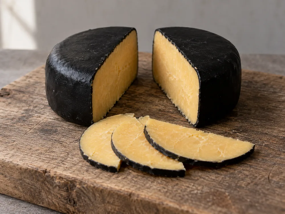 Black-waxed Cheddar truckle cut in half with thin half-moon slices - Black Bomber Cheddar | KnowTheCheese