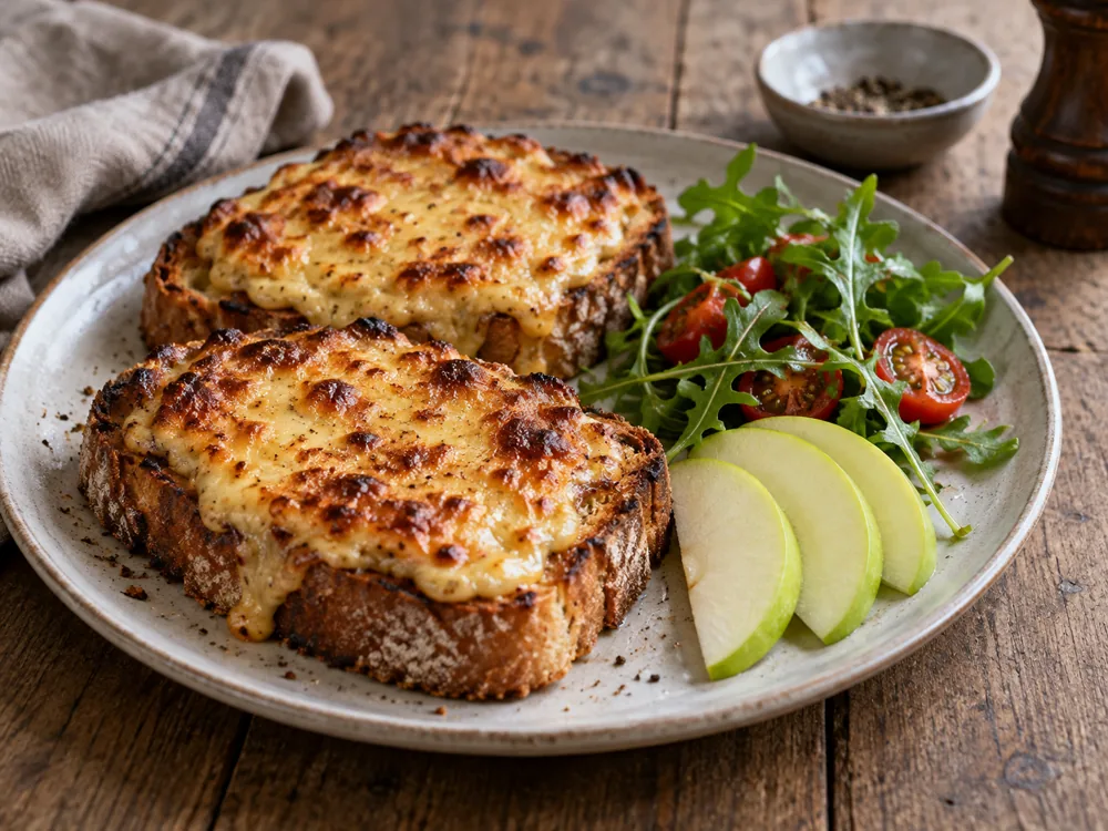 Grilled cheese topping on toast with apple slices and salad - Black Bomber Cheddar | KnowTheCheese