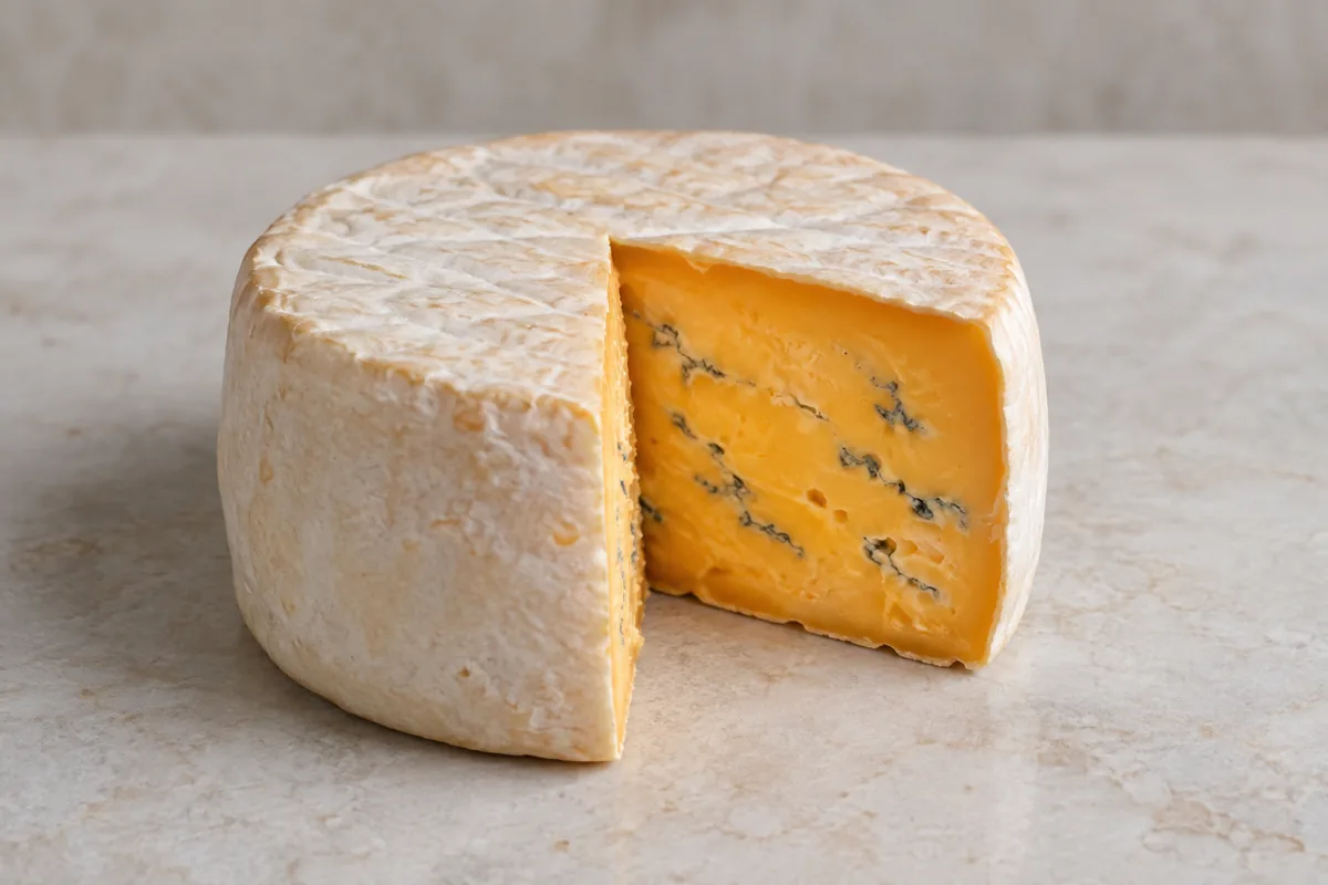 Round orange blue cheese with one wedge cut away showing fine blue-gray veins - Blacksticks Blue | KnowTheCheese