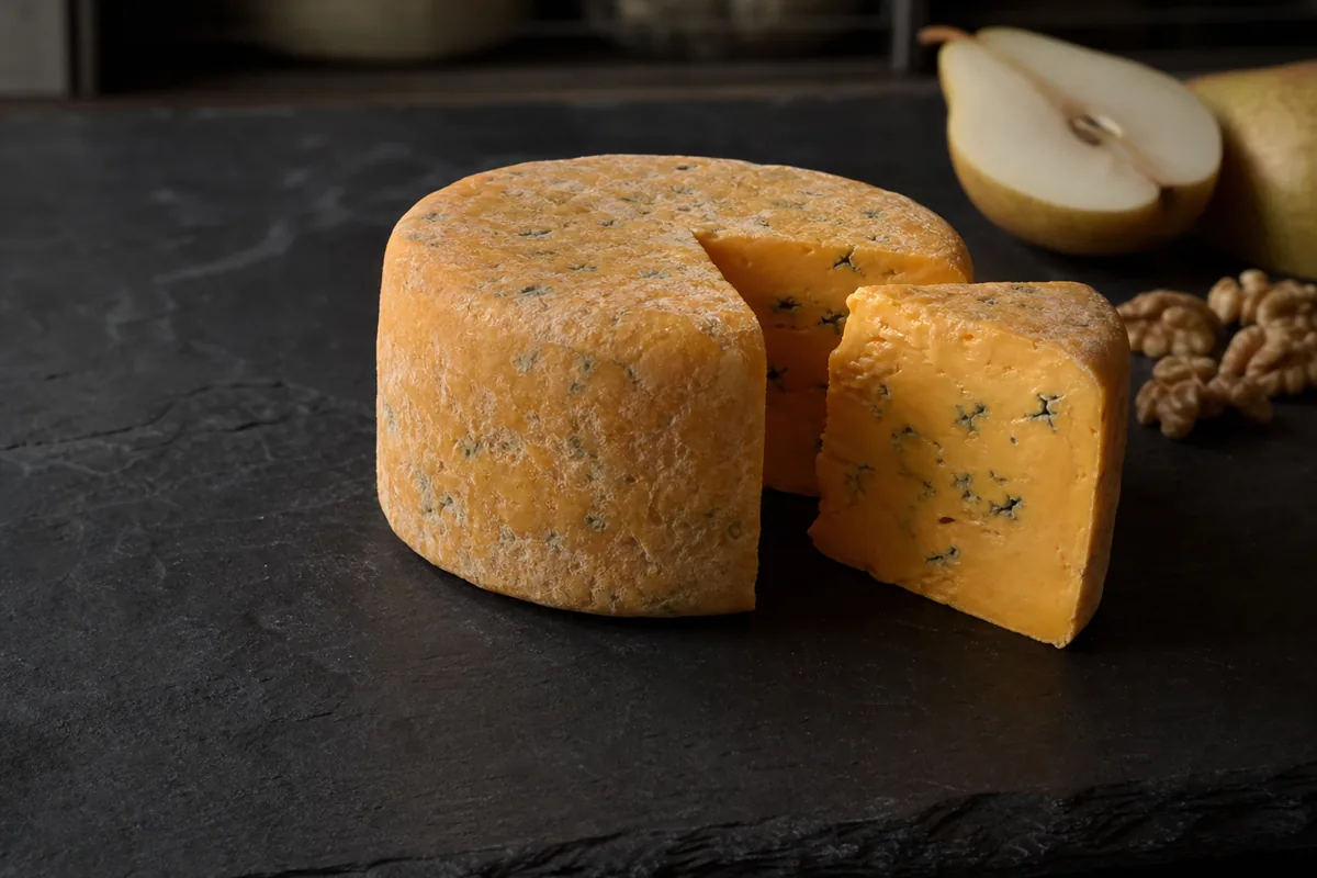 Orange Blacksticks Blue cheese wheel with fine blue veins on dark slate