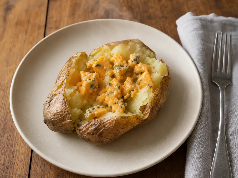 Small pieces of orange Blacksticks Blue softening on a hot baked potato