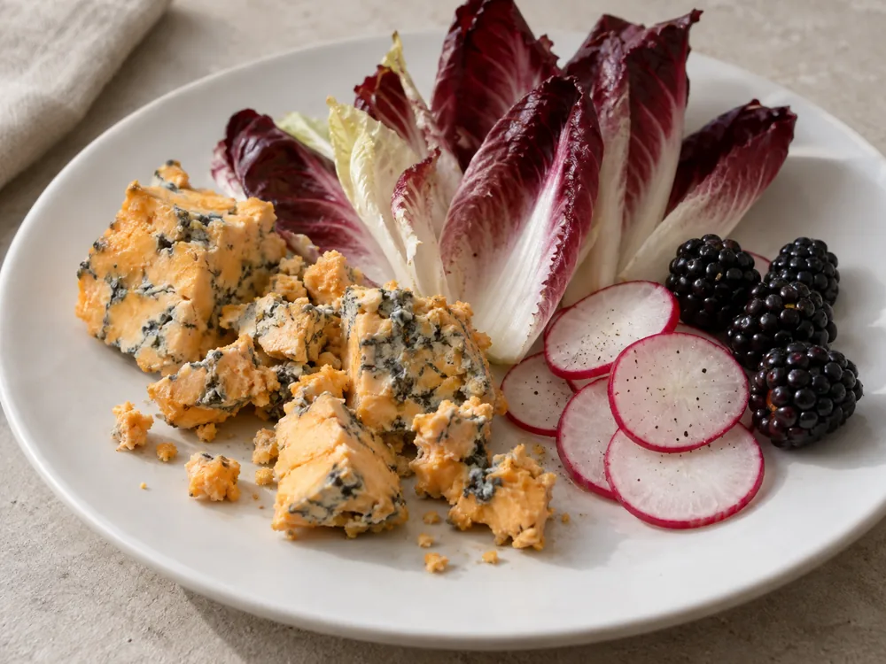 Crumbled orange blue cheese beside chicory leaves, sliced radishes and blackberries - Blacksticks Blue | KnowTheCheese