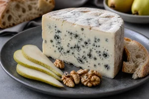 Bleu d'Auvergne-style blue cheese wedge with pear and walnuts - Bleu d'Auvergne cheese | KnowTheCheese