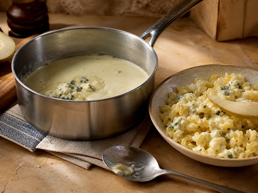 Bleu d'Auvergne melting into cream sauce beside blue cheese pasta - Bleu d'Auvergne | KnowTheCheese