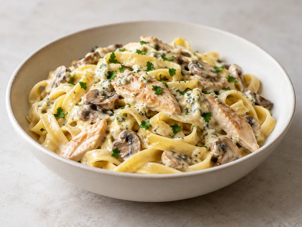 Tagliatelle with chicken, sliced mushrooms and parsley in a creamy blue cheese sauce - Bleu d'Auvergne | KnowTheCheese