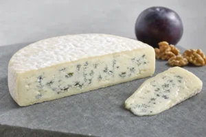 Half-moon Blue Castello cheese with ivory paste and blue-green marbling