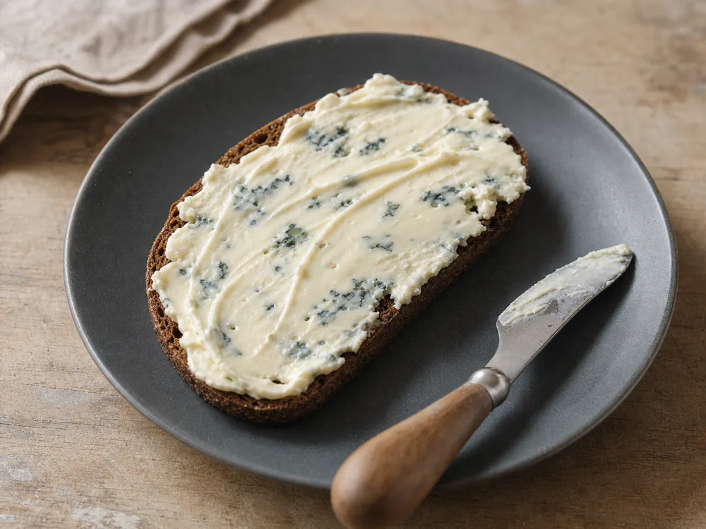 Soft ivory Blue Castello with fine blue veins spread across rye toast