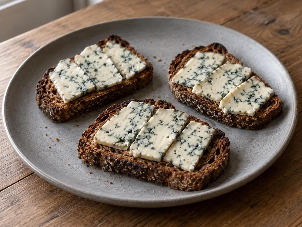 Thin slices of blue-veined cheese on toasted rye bread - Blue Castello | KnowTheCheese