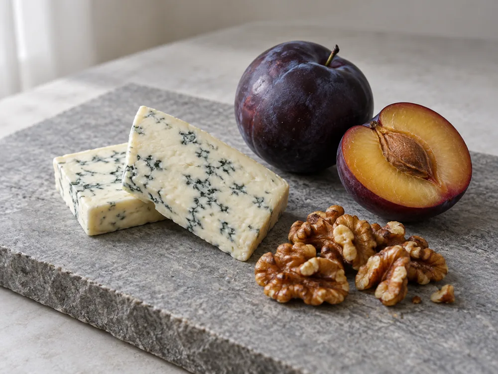 Blue-veined cheese slices with a plum and walnuts - Blue Castello | KnowTheCheese