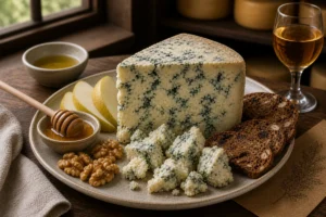 Blue cheese wedge with blue-green veining, pear, walnuts, honey, and dark bread - Blue cheese | KnowTheCheese