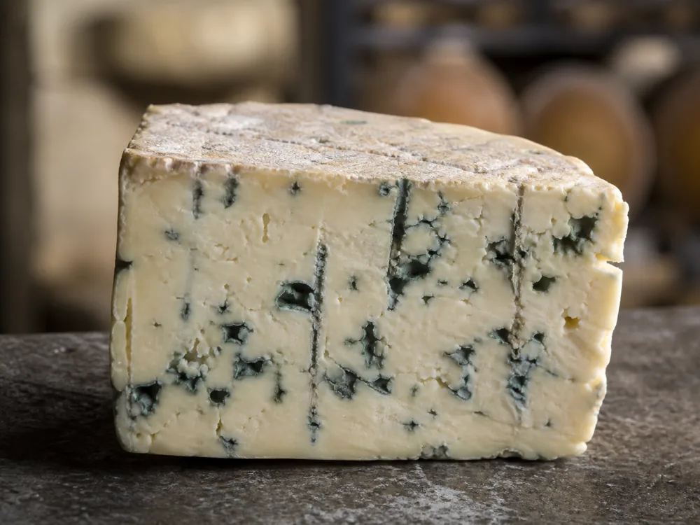 Cut blue cheese wedge with needle-channel veins and crumbly blue-green paste - Blue cheese | KnowTheCheese