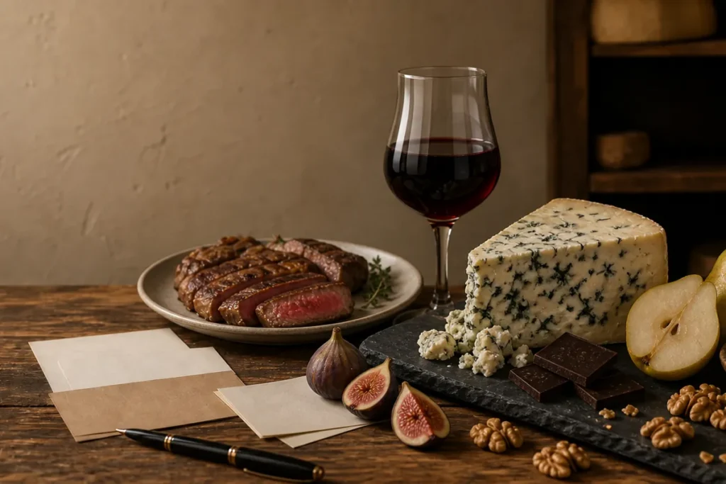 Blue cheese pairing board with veined blue cheese, pears, figs, honey, walnuts, port, and beer - Blue cheese pairing | KnowTheCheese
