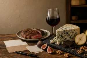 Blue cheese pairing board with veined blue cheese, pears, figs, honey, walnuts, port, and beer - Blue cheese pairing | KnowTheCheese