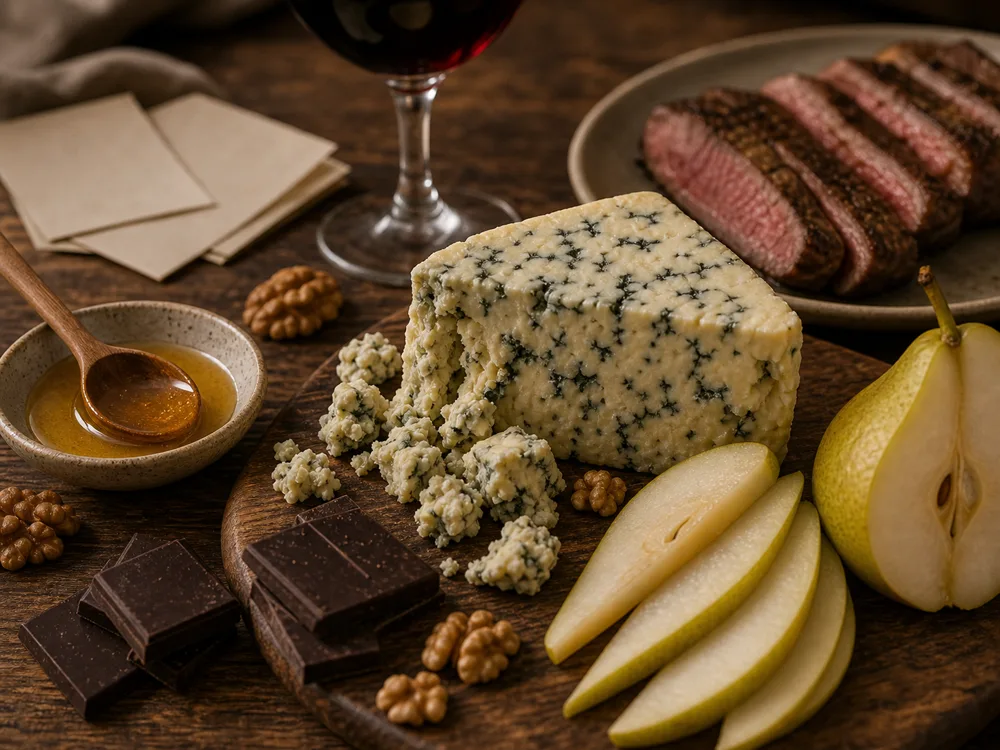 Blue cheese tasting board with pear slices, honey, walnuts, dark chocolate, steak, and port - Blue cheese pairing | KnowTheCheese