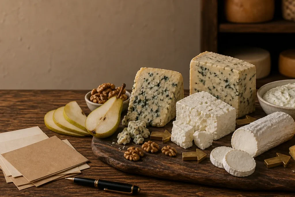 Blue cheese substitute board with blue cheese, Gorgonzola, feta, fresh goat cheese, cheddar crumbs, creamy dip, and arrow markers - Blue cheese substitutes | KnowTheCheese