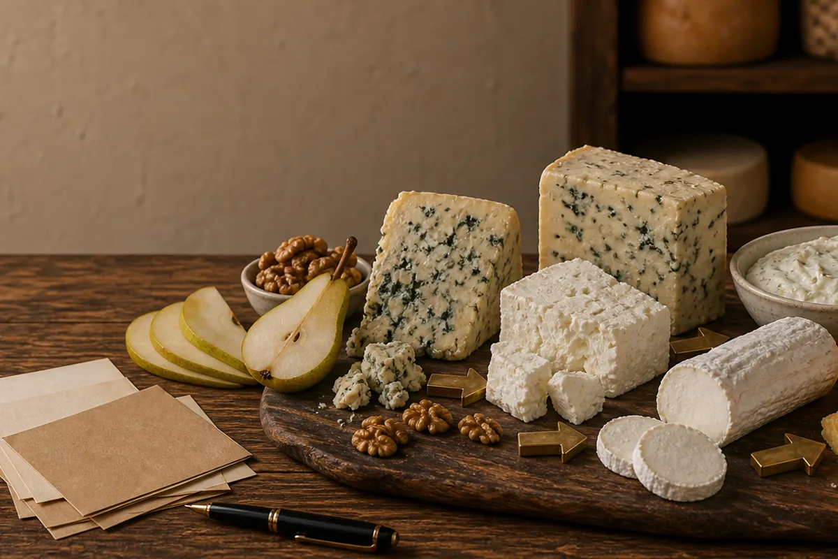 Blue cheese substitute board with blue cheese, Gorgonzola, feta, fresh goat cheese, cheddar crumbs, creamy dip, and arrow markers - Blue cheese substitutes | KnowTheCheese