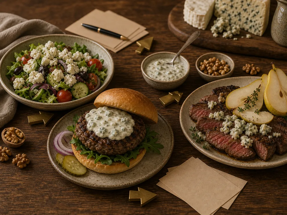 Blue cheese substitute use cases with feta salad, creamy burger topping, Gorgonzola steak topping, pear, and walnuts - Blue cheese substitutes | KnowTheCheese
