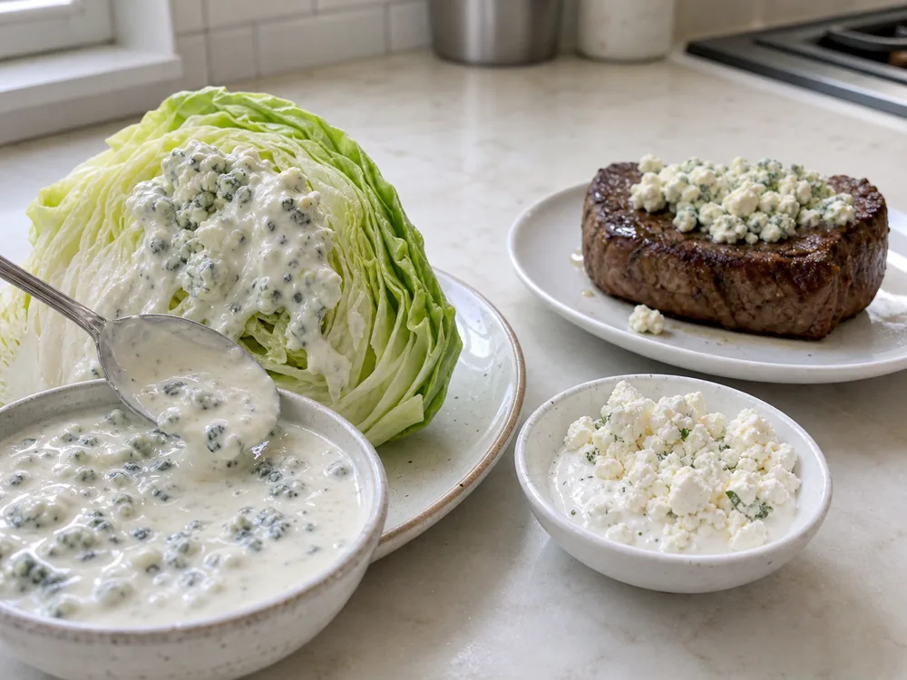 Blue cheese dressing clinging to iceberg beside feta dressing and a firm blue cheese steak topping - Blue cheese substitutes | KnowTheCheese