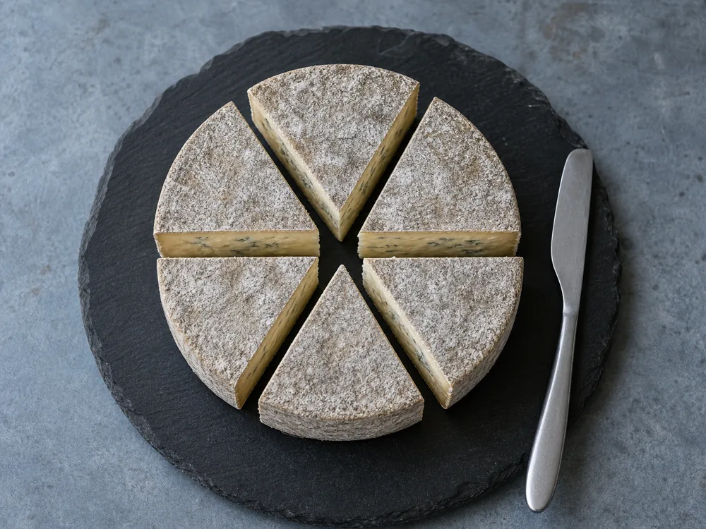 Small Bluebell-style truckle cut into six narrow wedges for even portions