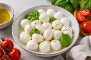 Bocconcini balls in brine with basil, tomatoes, and olive oil - Bocconcini cheese | KnowTheCheese