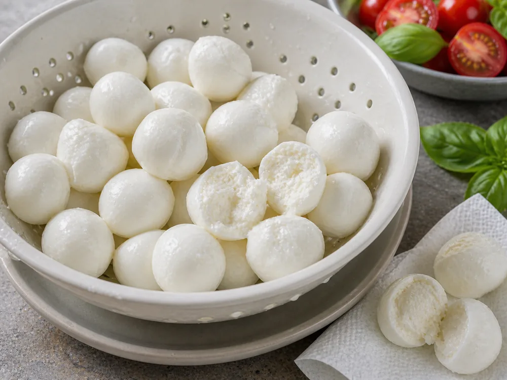 Bocconcini balls drained for salads with glossy surface and soft center - Bocconcini cheese KnowTheCheese