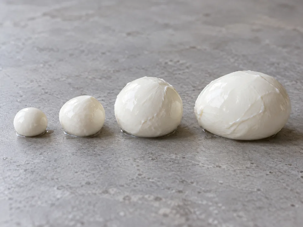 Four fresh mozzarella balls in a row from a small pearl to an egg-sized ball - Bocconcini | KnowTheCheese