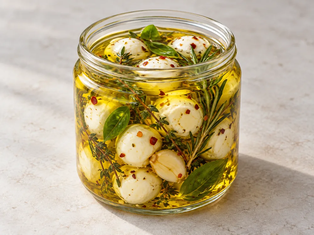 Glass jar of bocconcini in olive oil with thyme, rosemary, basil, garlic and red pepper flakes - Bocconcini | KnowTheCheese