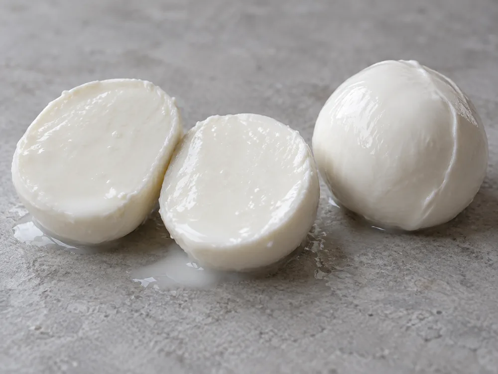 One fresh mozzarella ball cut in half beside a whole ball, with milky liquid on the cut faces - Bocconcini | KnowTheCheese