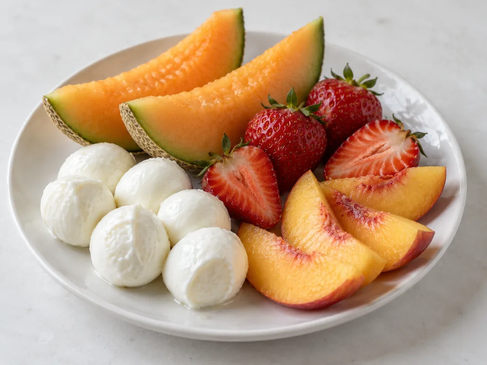 Small white mozzarella balls on a plate beside melon wedges, strawberries and peach slices - Bocconcini | KnowTheCheese