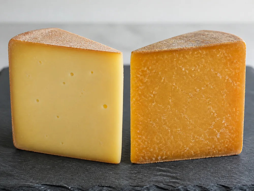 Two cut faces of Dutch farmhouse cheese, the left young and pale gold with small eyes and the right deep amber, dry and grainy with white crystals - Boerenkaas | KnowTheCheese