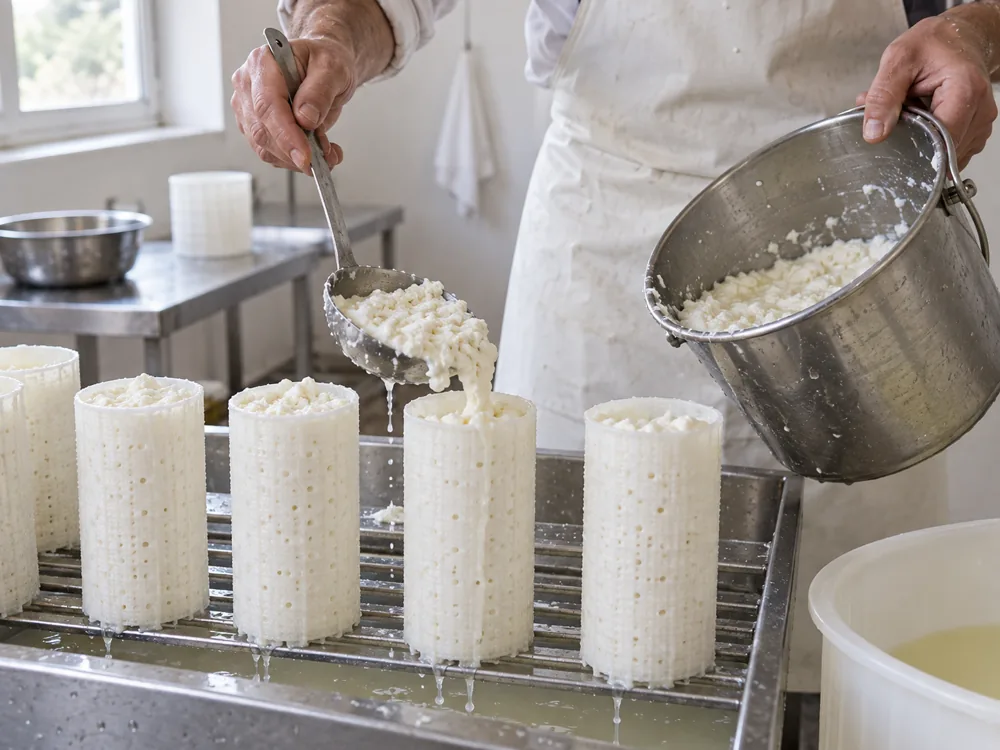 Curd being ladled by hand from a steel bucket into tall cylindrical cheese moulds with whey draining off - Bosworth | KnowTheCheese
