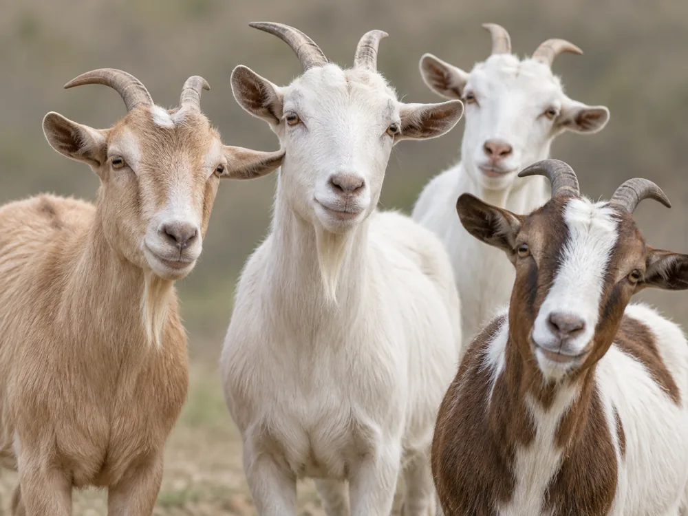 Four goats with white, tan and brown-and-white coats standing together - Bosworth | KnowTheCheese