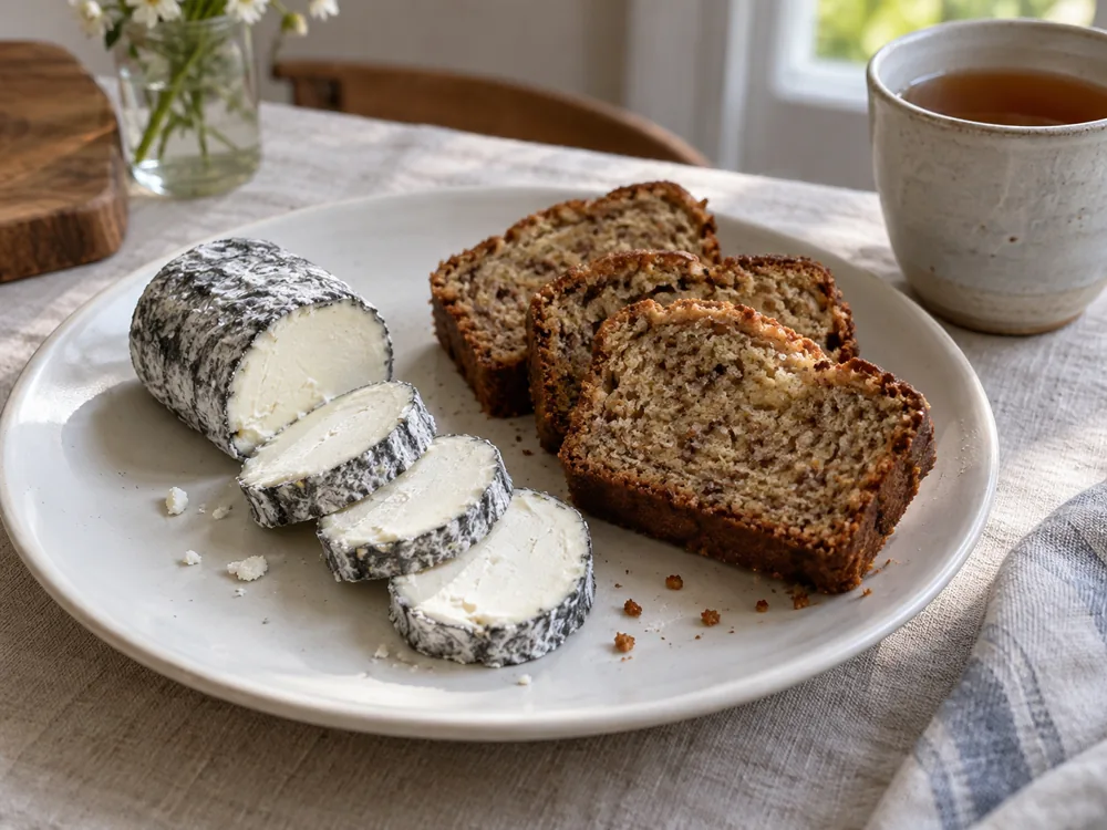 Sliced ash-coated goat's milk log on a plate beside banana bread slices and a cup of tea - Bosworth | KnowTheCheese