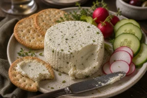 Boursin-style garlic-herb cheese with crackers, cucumber, radish, and a spread knife - Boursin cheese | KnowTheCheese
