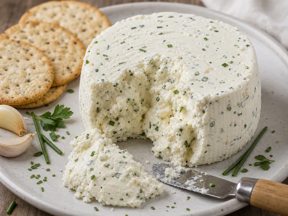 Boursin style garlic and herb cheese showing creamy base and herb flecks - Boursin cheese KnowTheCheese