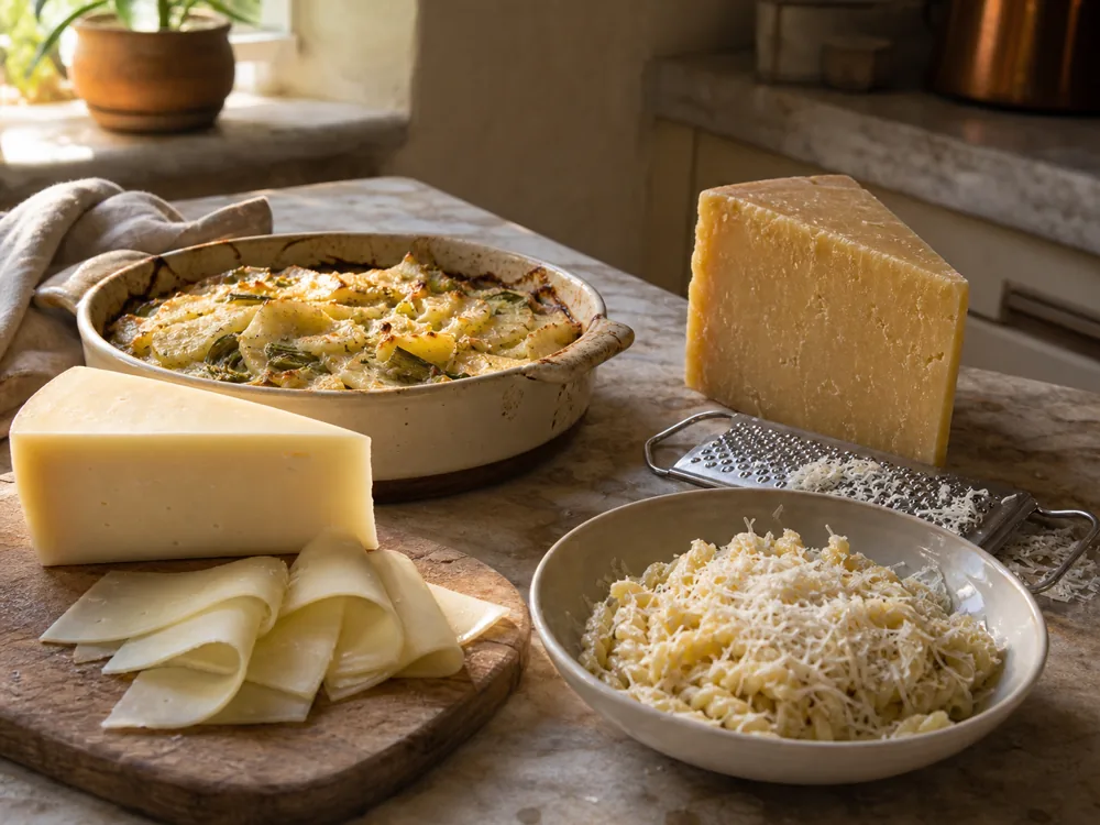 Young Bra style slices and aged cheese grated over pasta