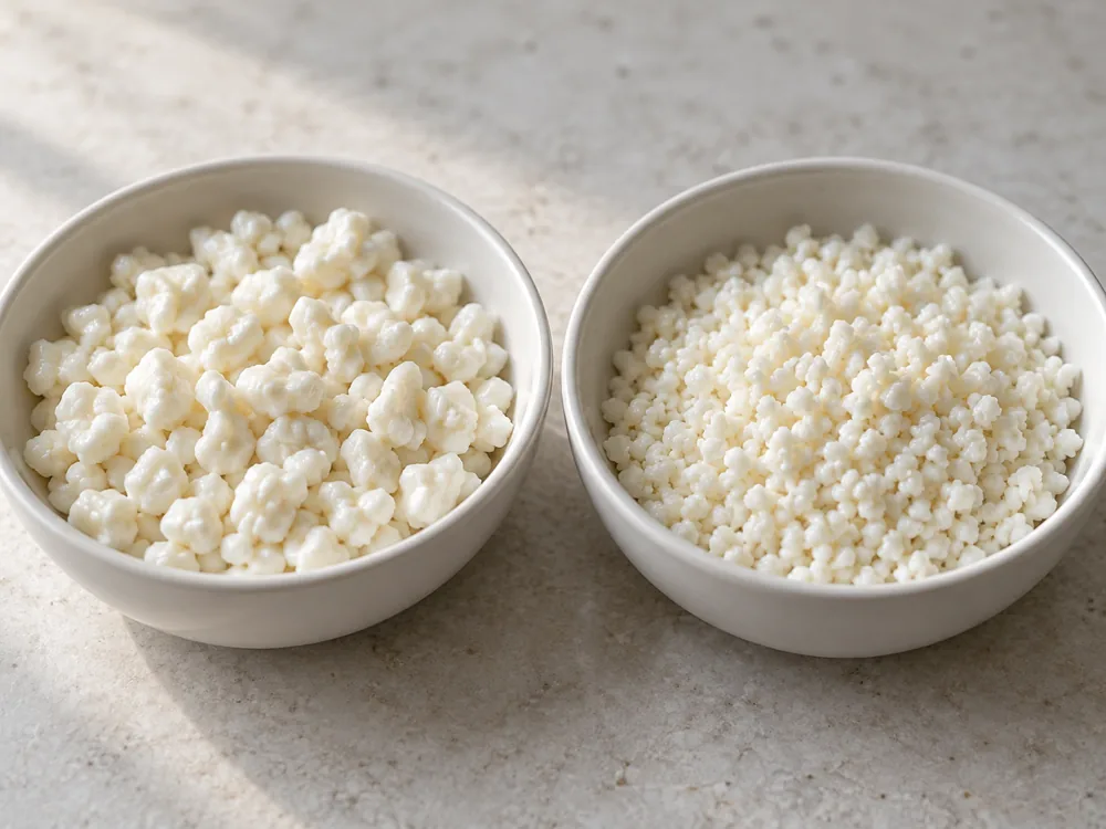 Two bowls of white cheese curd, larger pieces on the left and much smaller grains on the right