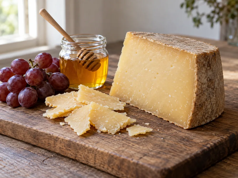 Firm cheese wedge and thin shards on a wooden board beside honey and red grapes