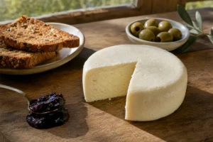 Small rindless Breakfast Cheese wheel with toast jam and olives