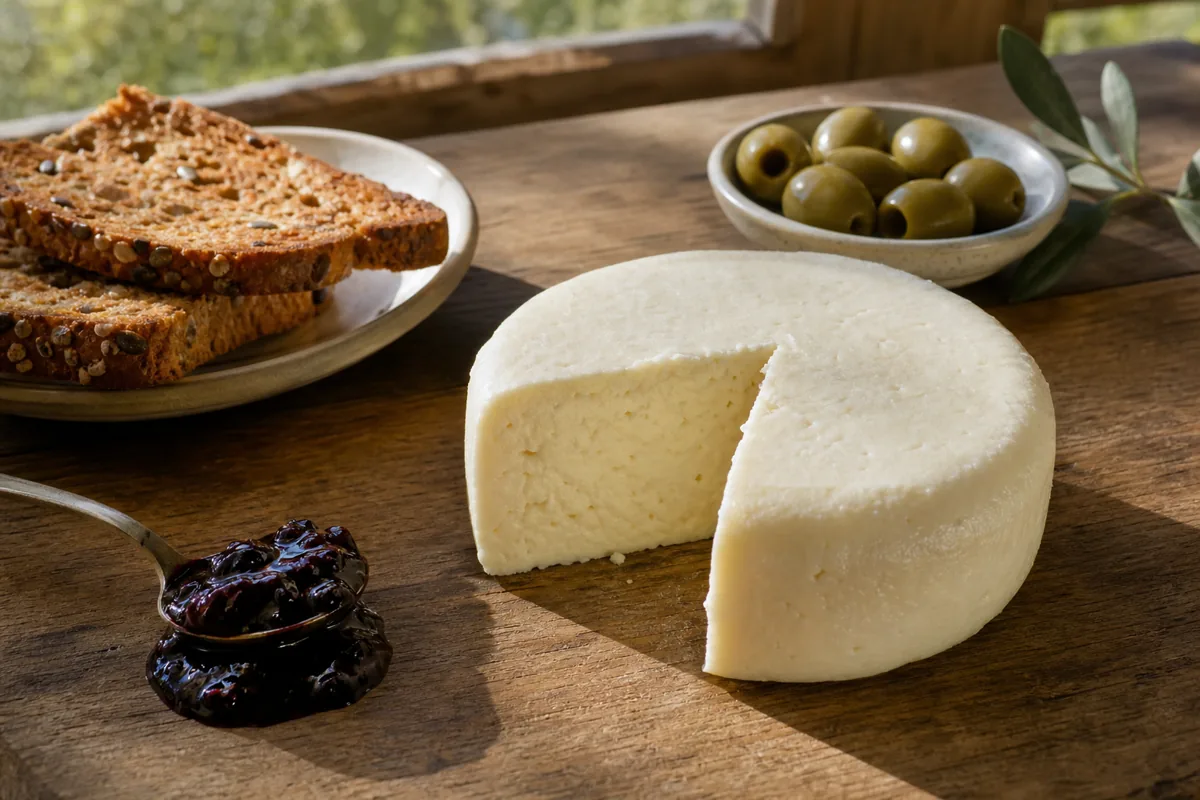 Small rindless Breakfast Cheese wheel with toast jam and olives
