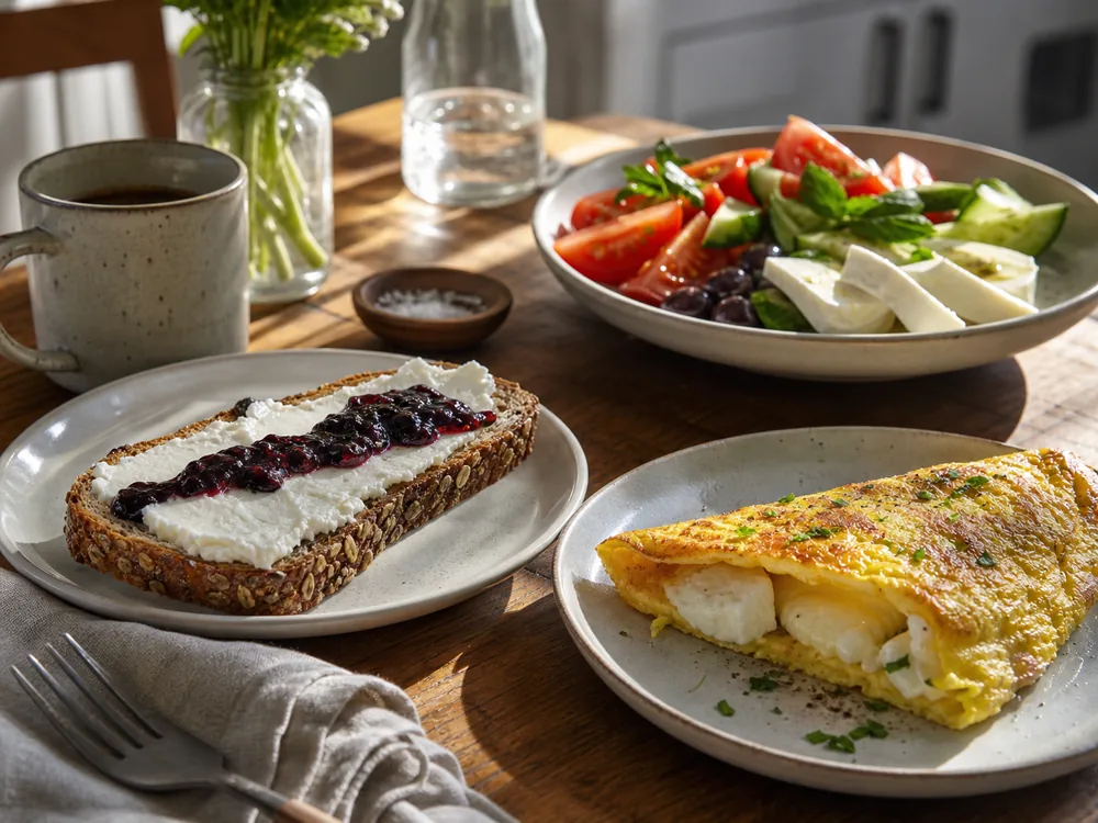 Breakfast Cheese served on toast with jam and folded into eggs