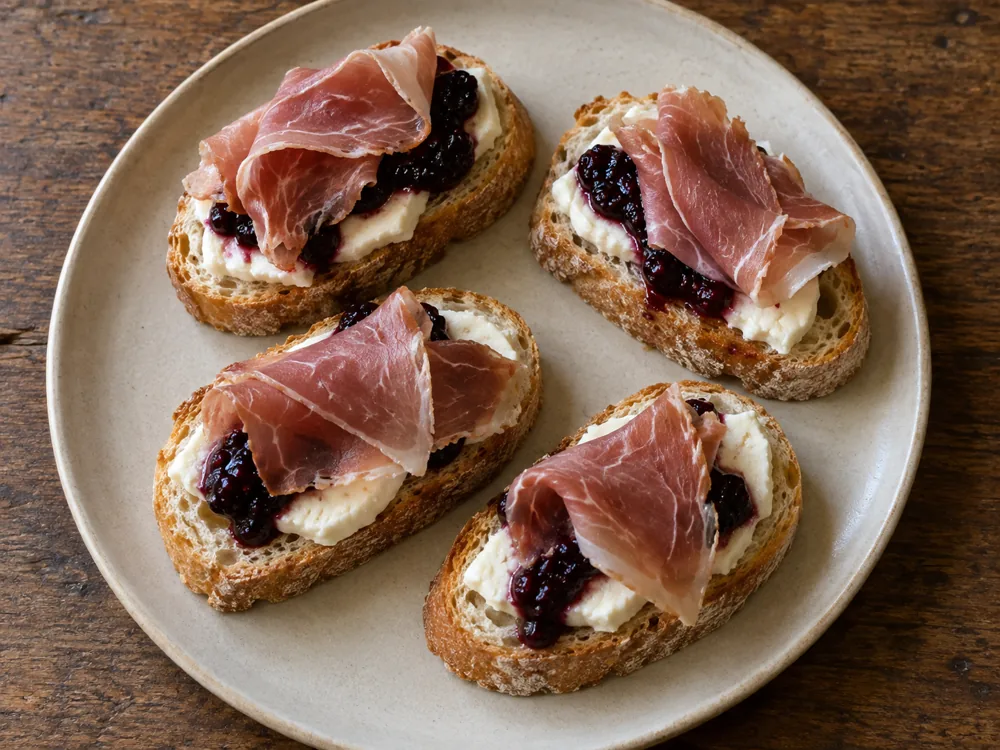 Baguette slices layered with fresh cheese, blackberry jam, and prosciutto