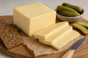 Brick cheese block and slices with crackers and pickles - Brick cheese | KnowTheCheese